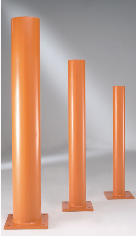 A range of steel bollards, finished in high visibility orange