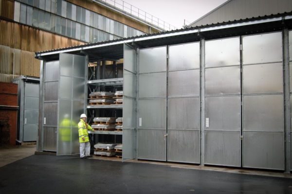 enclosed heavy duty racking storage system with sheet steel leaf doors