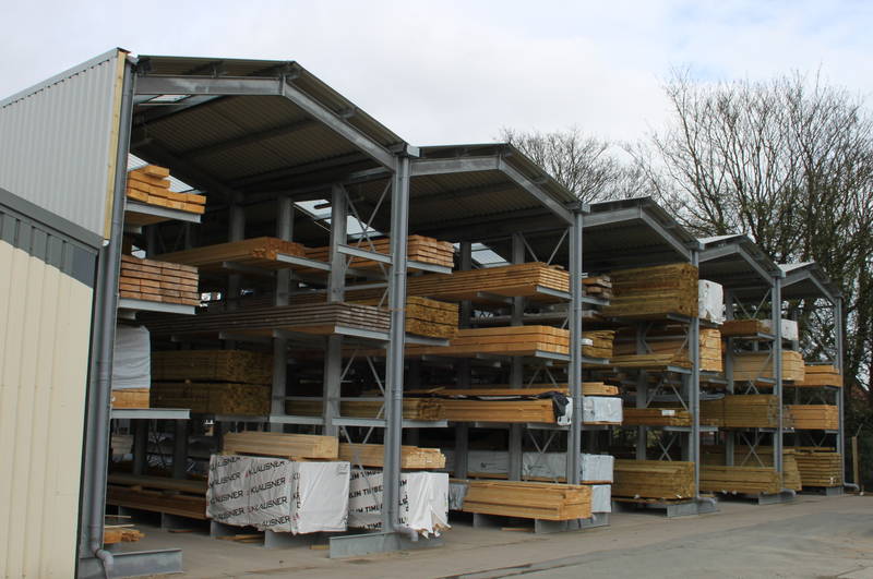 large timber storage with cantilever racks, roof, rainwater goods and cladding