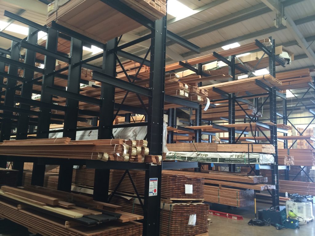 Double sided cantilever racks loaded with timber